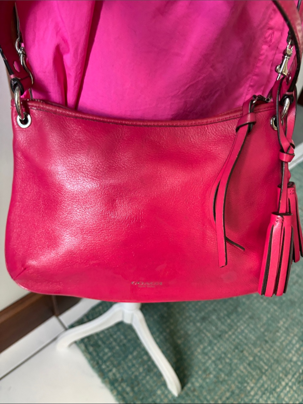 Coach Crossbody bag satchel shoulder bag /Tassels pebble Leather pinkish red